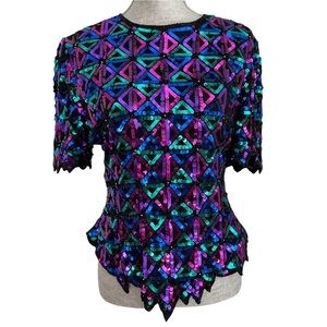 Laurence Kazar Vintage Sequin Silk Top Scalloped Holiday Multicolor Blouse Large